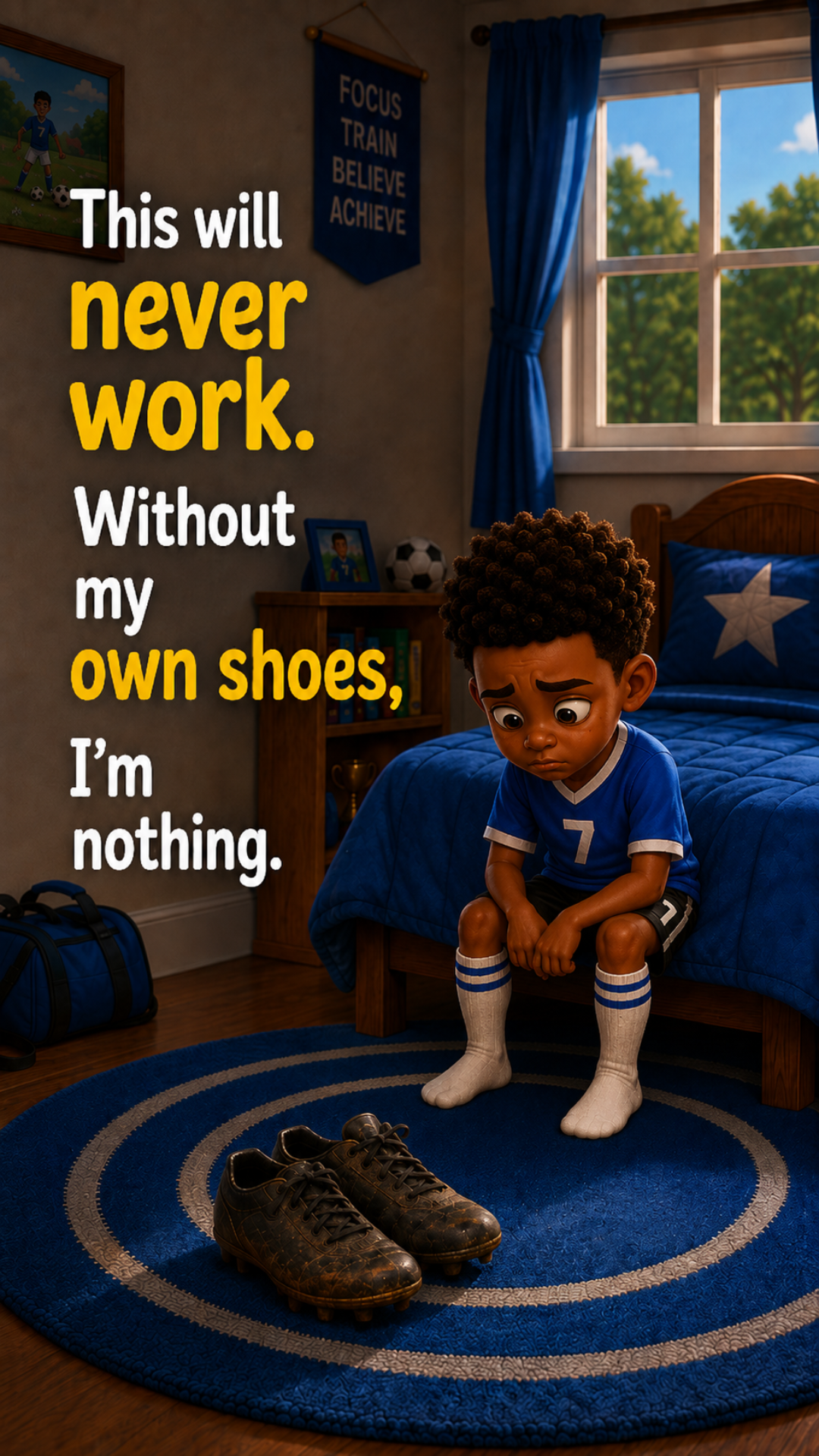 Ballie Boy sits on his bed looking at old soccer shoes